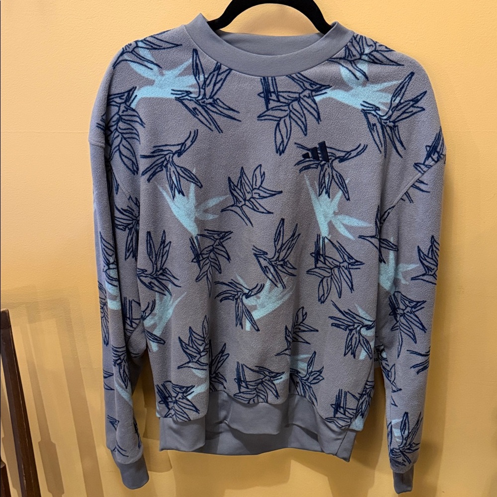 adidas Men's Fleece Gray and Blue Leaf Pattern Crewneck Sweater